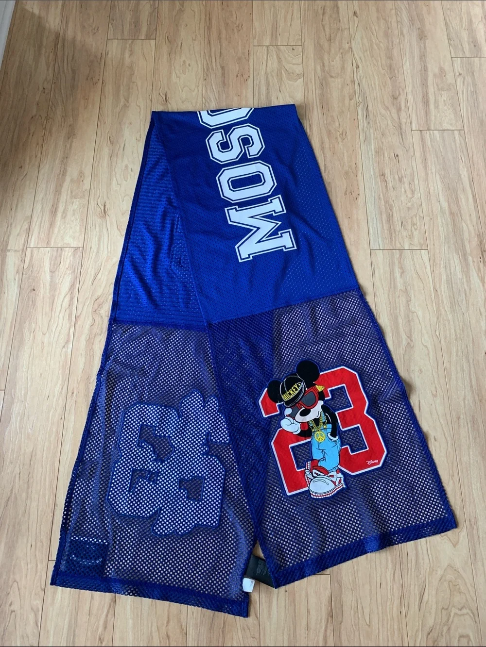 Moschino H&M Disney Blue Mesh Scarf with Mickey & Minnie Graphics